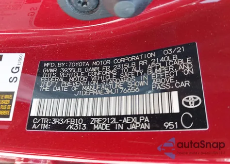 2021 Toyota Corolla Le из США, поврежденный, VIN JTDEPMAE3MJ176656